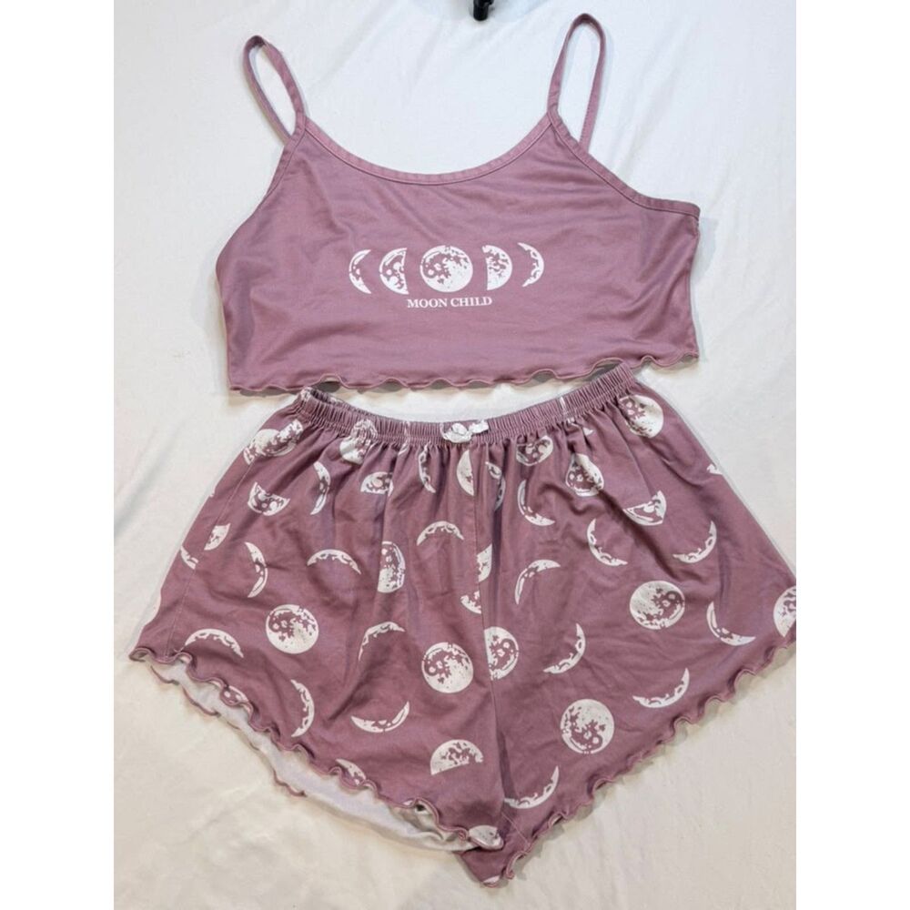 Women’s Moon Child Moon Phase Pajama Set Mauve Pink Crop Top Shorts